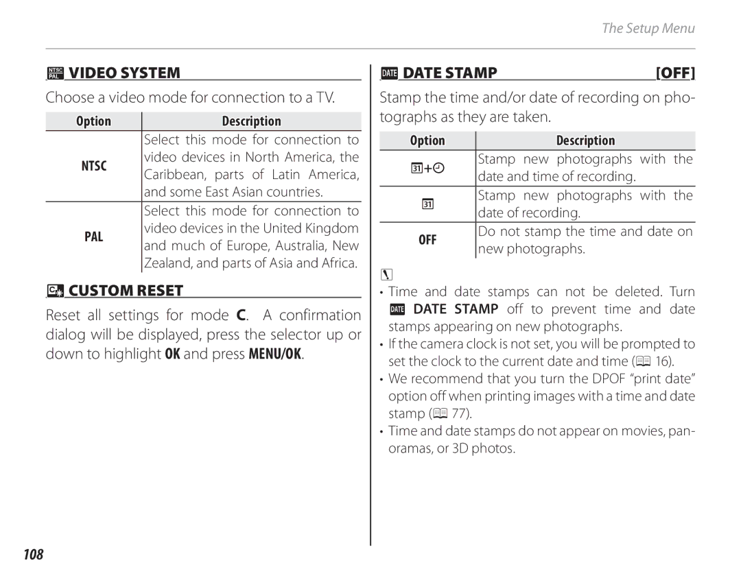 FujiFilm 16286187 owner manual Video System, Choose a video mode for connection to a TV,  CUSTOM Reset, Udate Stamp, 108 